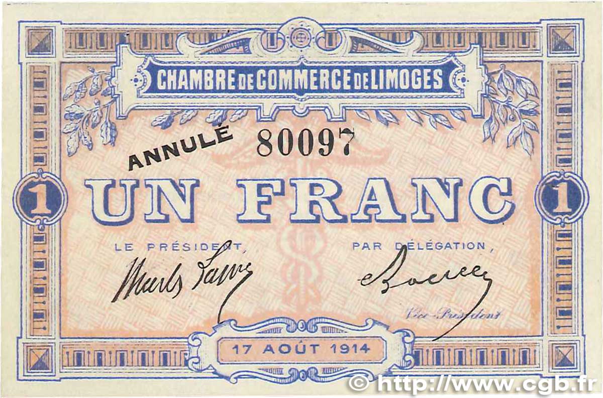 1 Franc Annulé FRANCE regionalism and miscellaneous Limoges 1914 JP.073.04 AU-