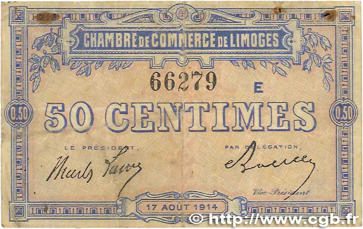 50 Centimes FRANCE regionalismo y varios Limoges 1914 JP.073.08 BC