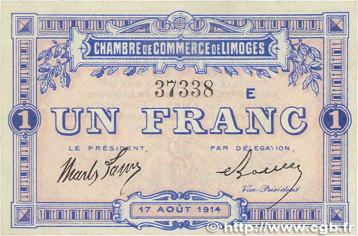 1 Franc FRANCE regionalism and various Limoges 1914 JP.073.10 XF