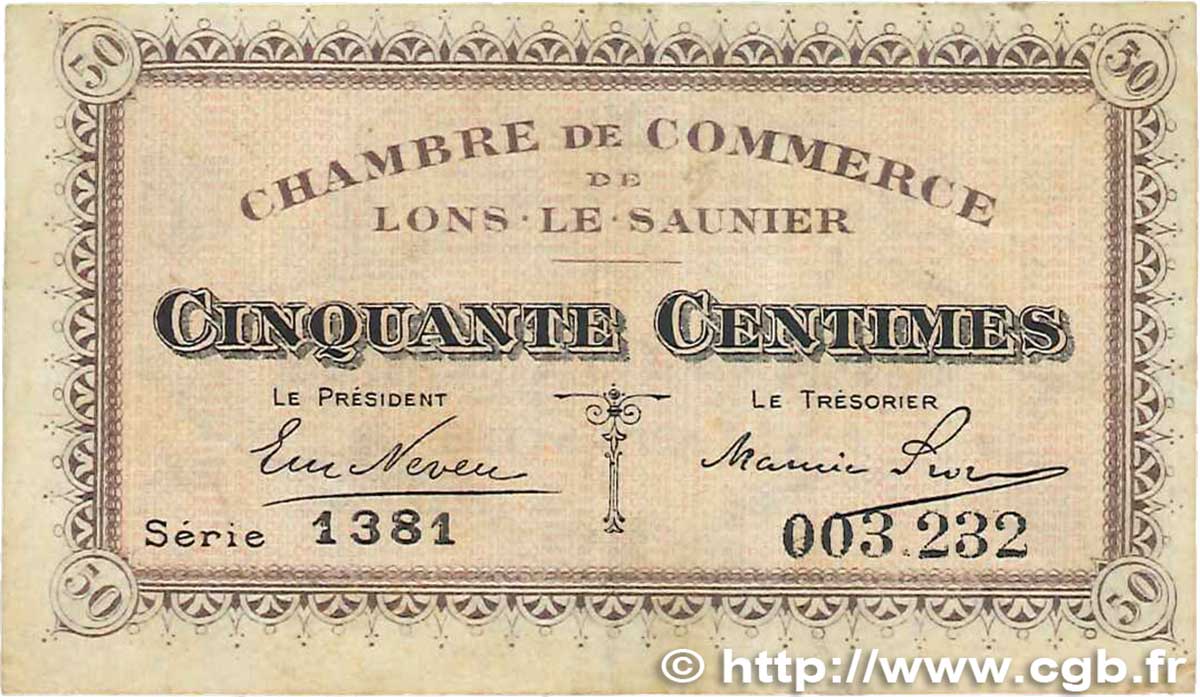50 Centimes FRANCE regionalismo y varios Lons-Le-Saunier 1918 JP.074.09 MBC