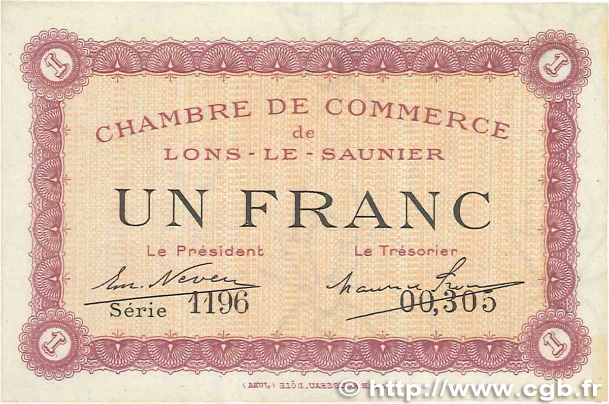 1 Franc FRANCE Regionalismus und verschiedenen Lons-Le-Saunier 1918 JP.074.13 VZ