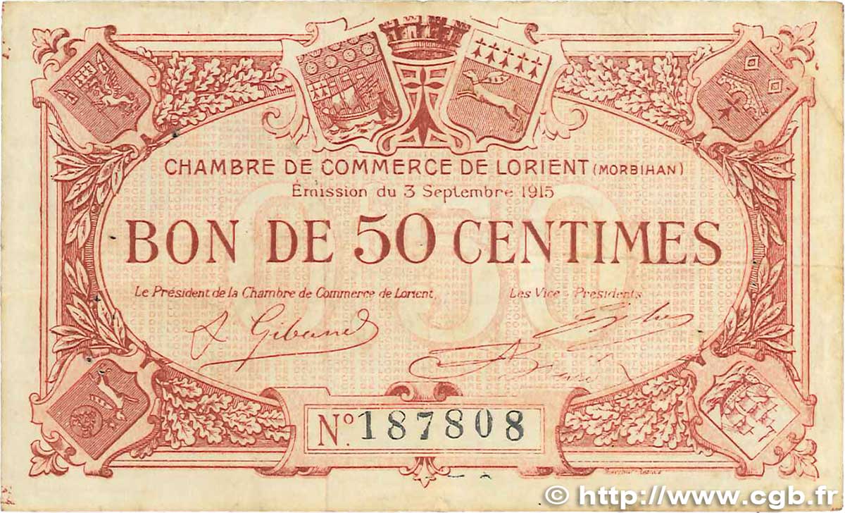 50 Centimes FRANCE Regionalismus und verschiedenen Lorient 1915 JP.075.01 fSS