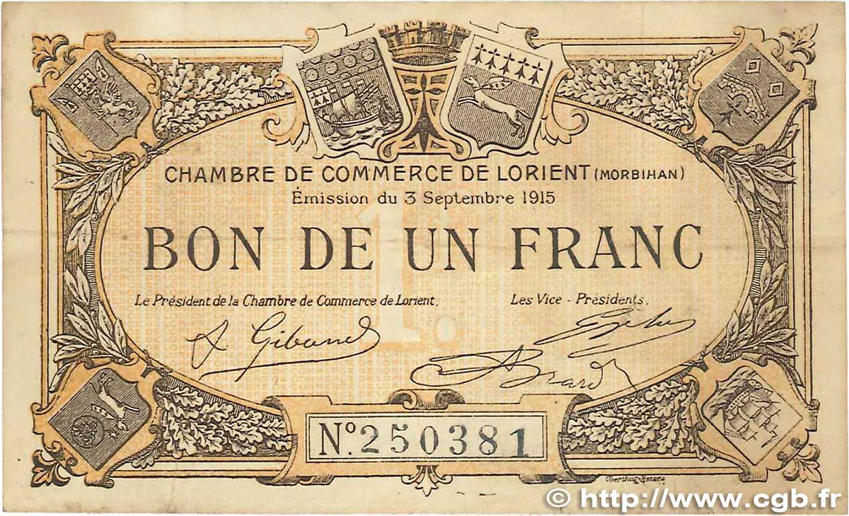 1 Franc FRANCE regionalism and various Lorient 1915 JP.075.02 VF