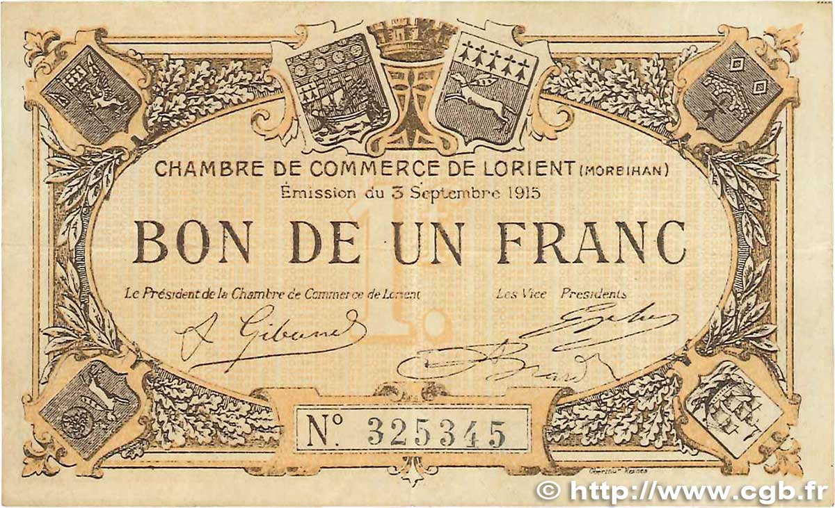 1 Franc FRANCE Regionalismus und verschiedenen Lorient 1915 JP.075.08 SS