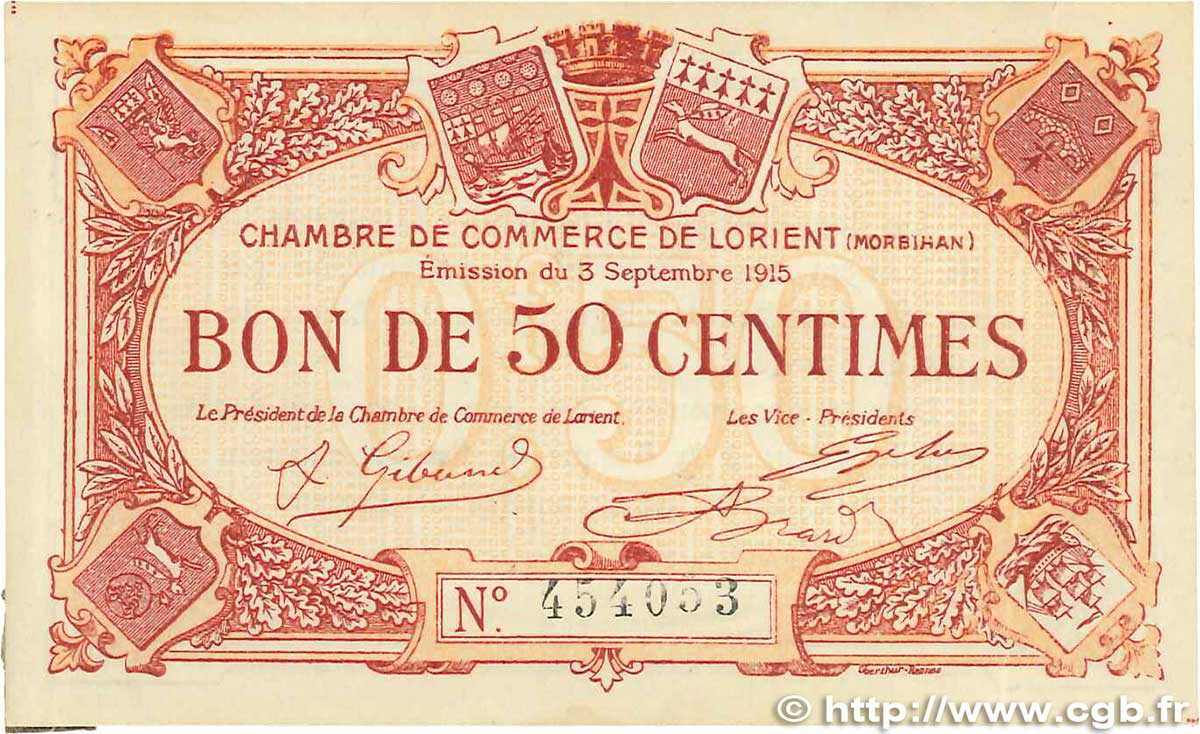 50 Centimes FRANCE regionalismo y varios Lorient 1915 JP.075.14 MBC+