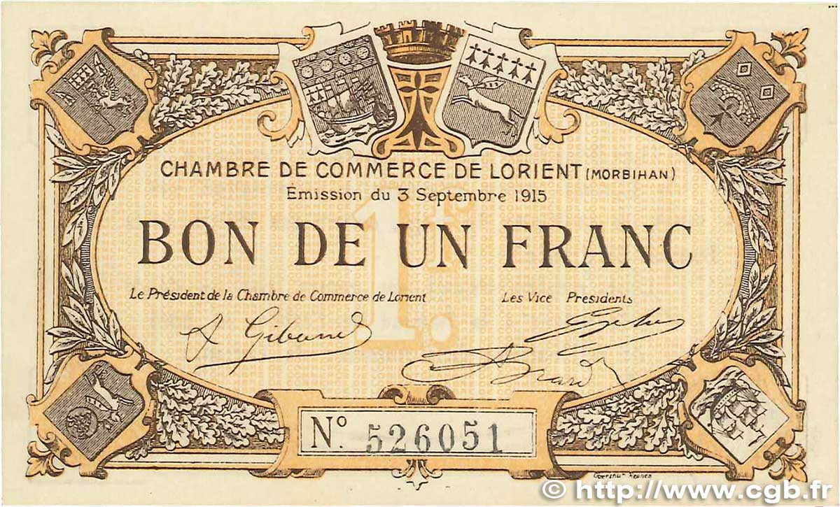 1 Franc FRANCE Regionalismus und verschiedenen Lorient 1915 JP.075.15 VZ+