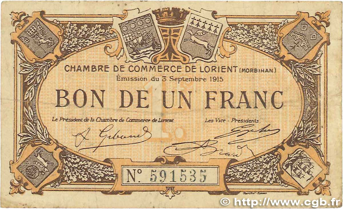 1 Franc FRANCE regionalism and miscellaneous Lorient 1915 JP.075.15 VF