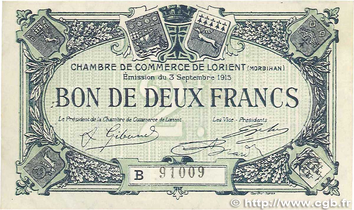 2 Francs FRANCE Regionalismus und verschiedenen Lorient 1915 JP.075.28 fVZ