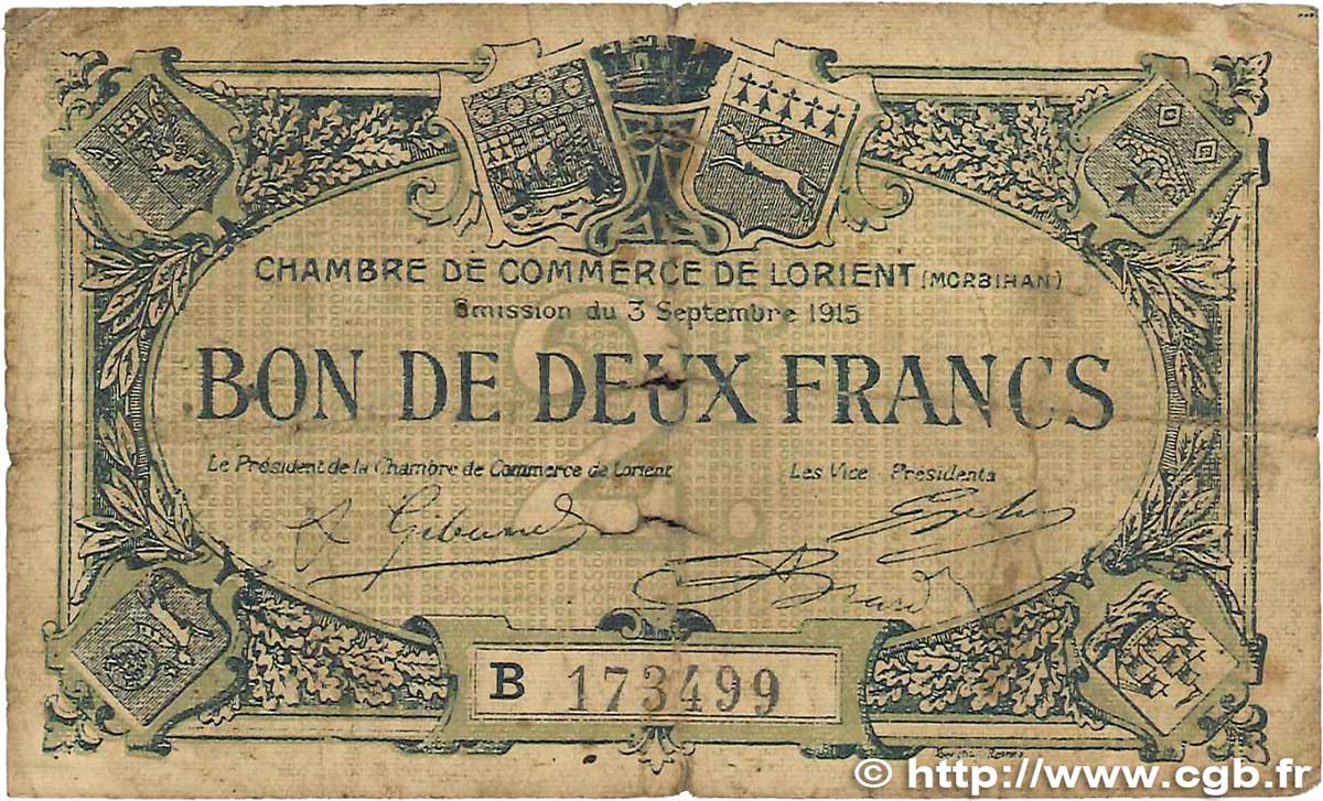 2 Francs FRANCE regionalism and various Lorient 1915 JP.075.28 G