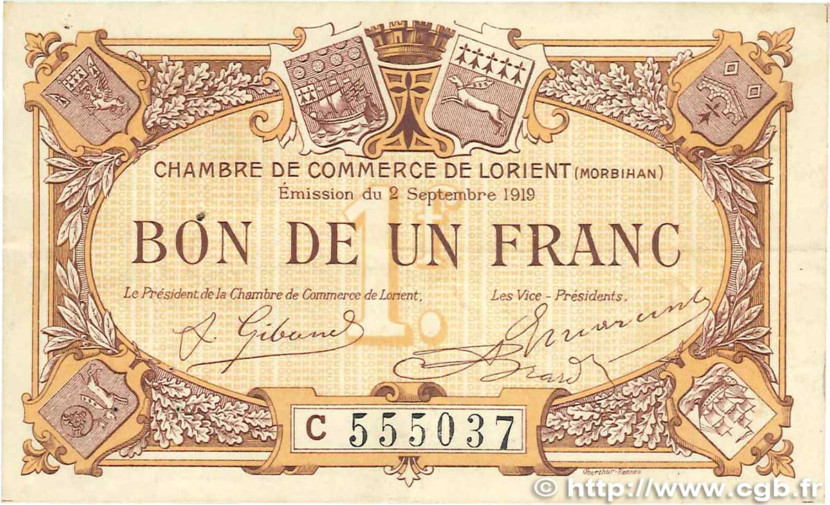 1 Franc FRANCE regionalism and various Lorient 1919 JP.075.30 VF