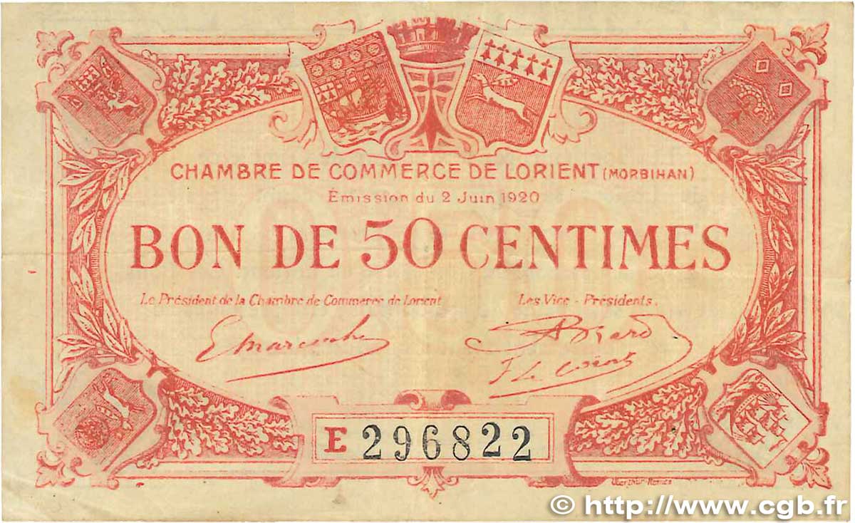 50 Centimes FRANCE regionalismo y varios Lorient 1920 JP.075.35 BC
