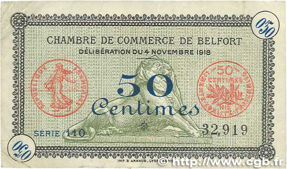 50 Centimes FRANCE regionalism and various Belfort 1918 JP.023.34 VF-