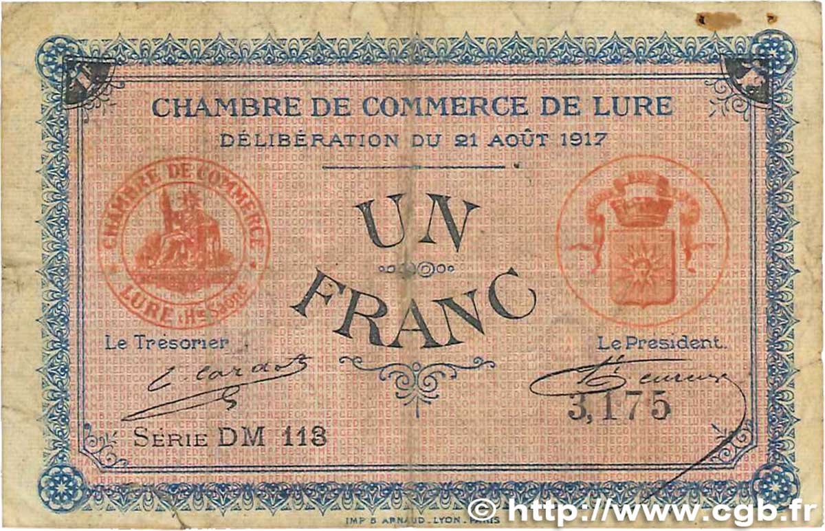 1 Franc FRANCE Regionalismus und verschiedenen Lure 1917 JP.076.20 S