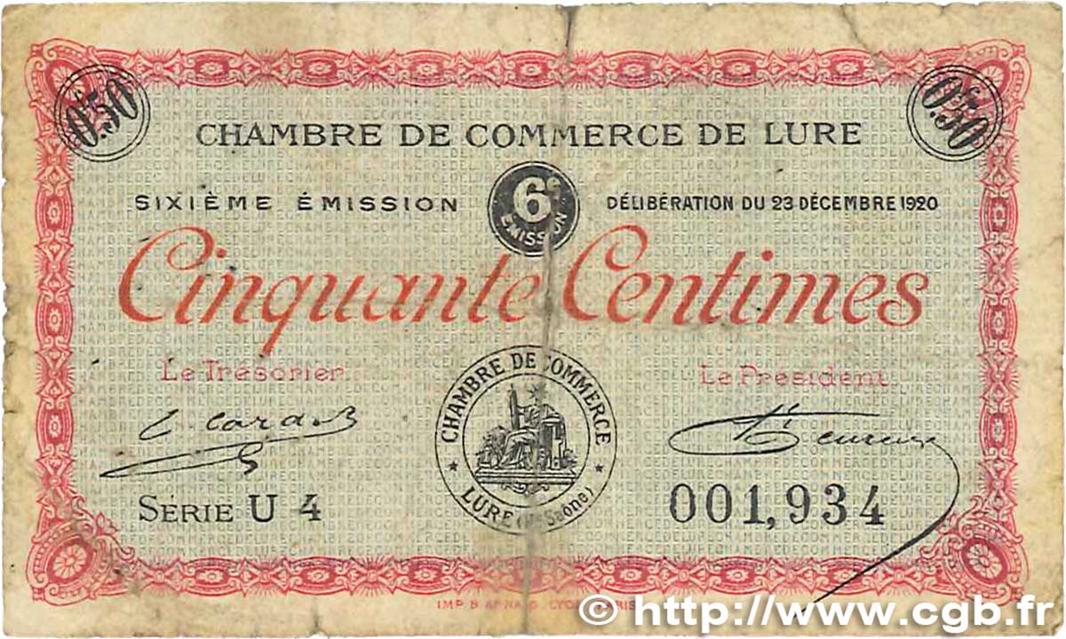 50 Centimes FRANCE regionalismo y varios Lure 1920 JP.076.36 RC
