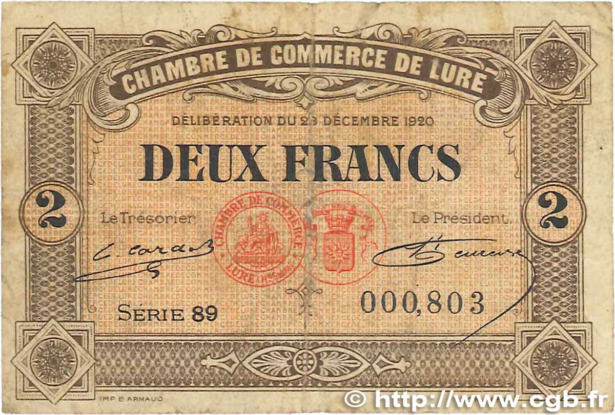 2 Francs FRANCE regionalismo y varios Lure 1920 JP.076.39 RC