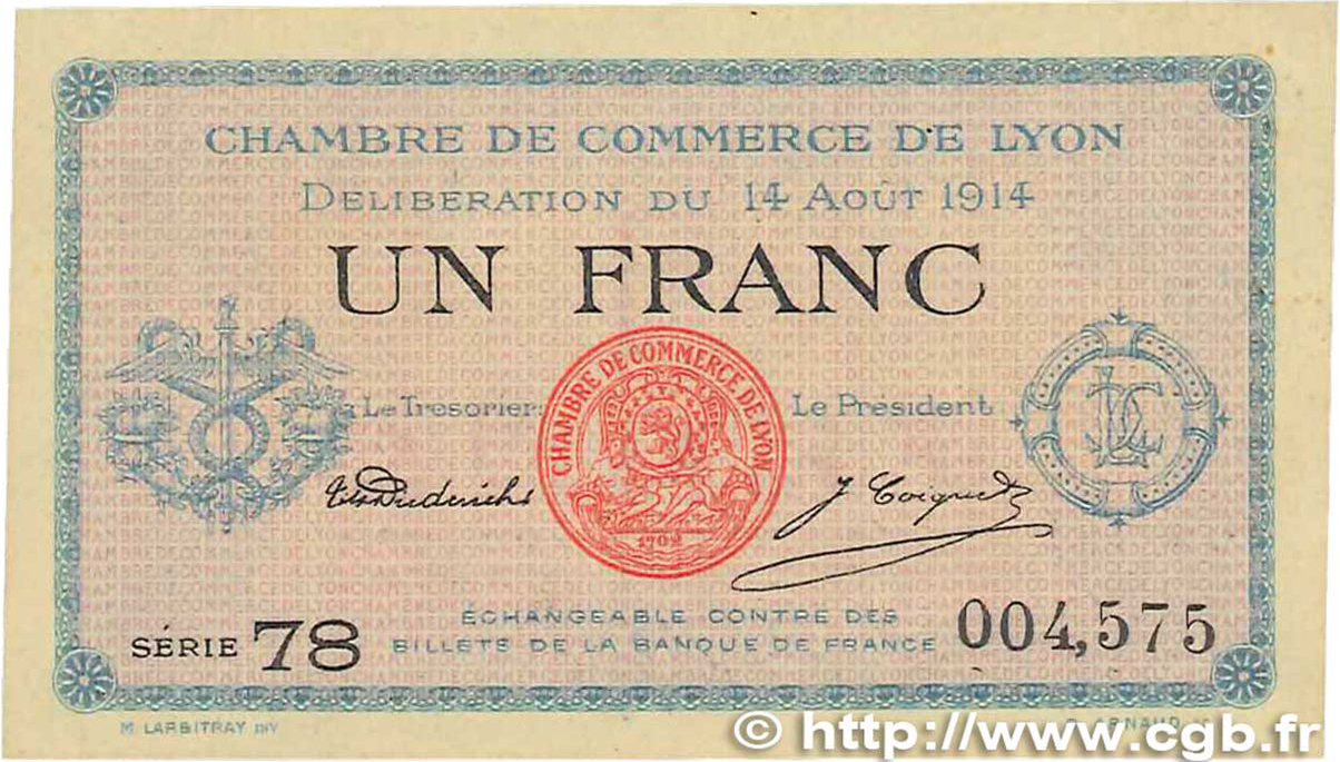 1 Franc FRANCE regionalism and miscellaneous Lyon 1914 JP.077.01 AU