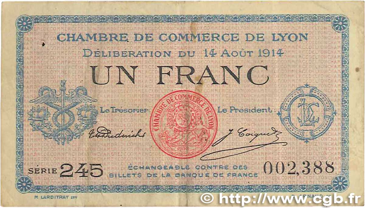 1 Franc FRANCE regionalism and various Lyon 1914 JP.077.01 VF