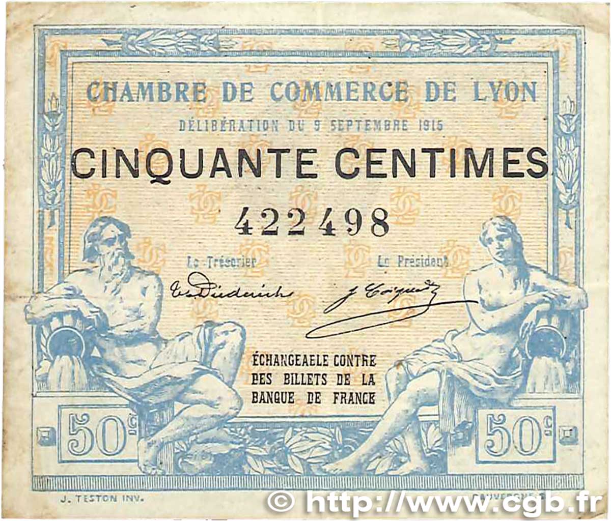 50 Centimes FRANCE regionalism and miscellaneous Lyon 1915 JP.077.03 VF