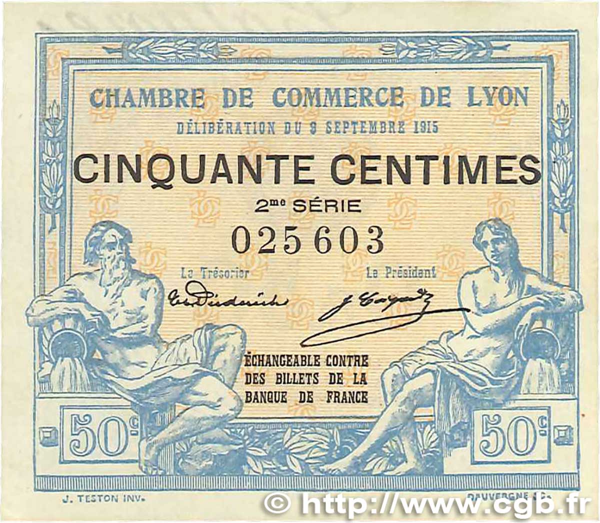 50 Centimes FRANCE regionalism and miscellaneous Lyon 1915 JP.077.04 VF+