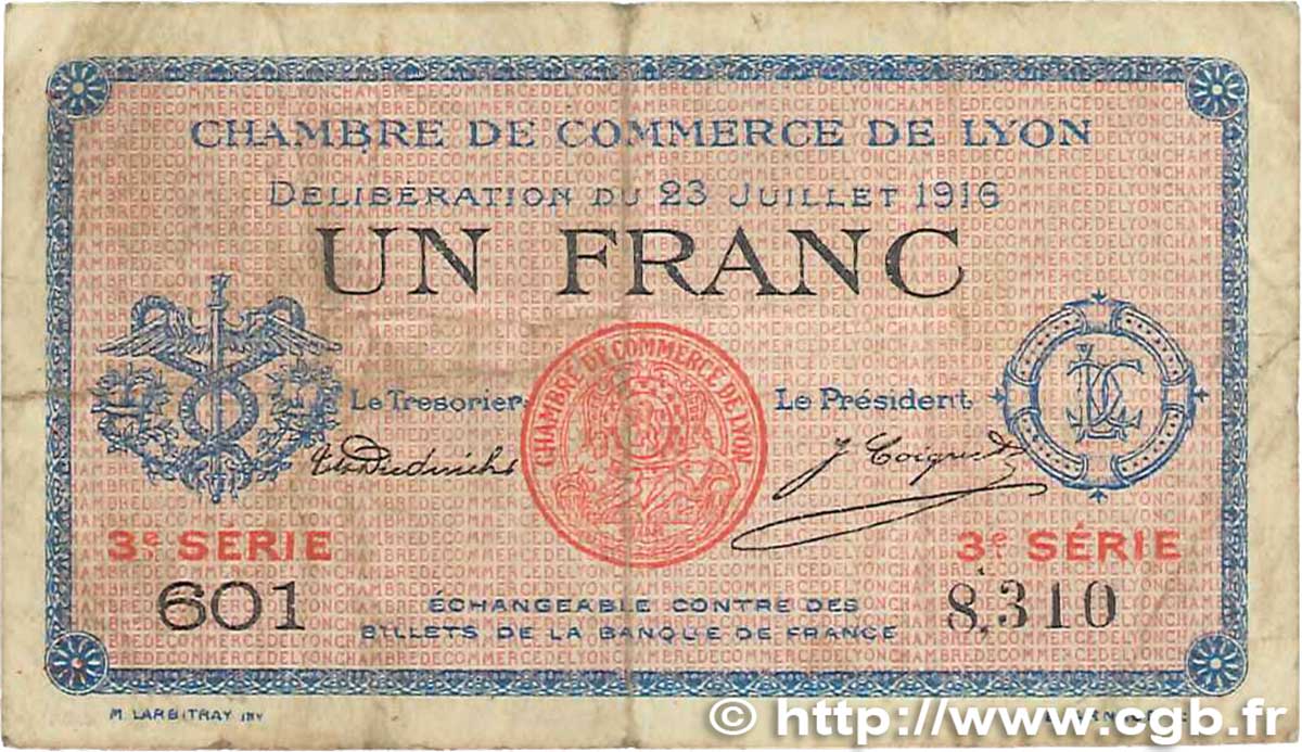 1 Franc FRANCE regionalism and various Lyon 1916 JP.077.10 F