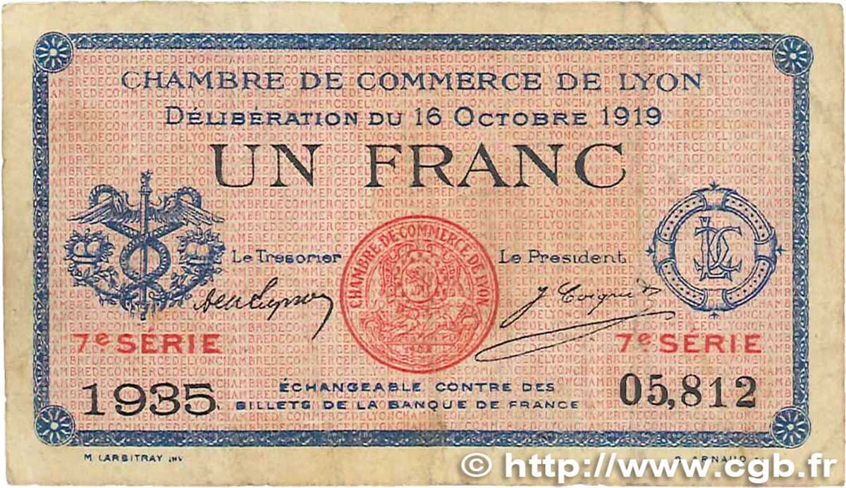 1 Franc FRANCE regionalismo y varios Lyon 1919 JP.077.19 BC