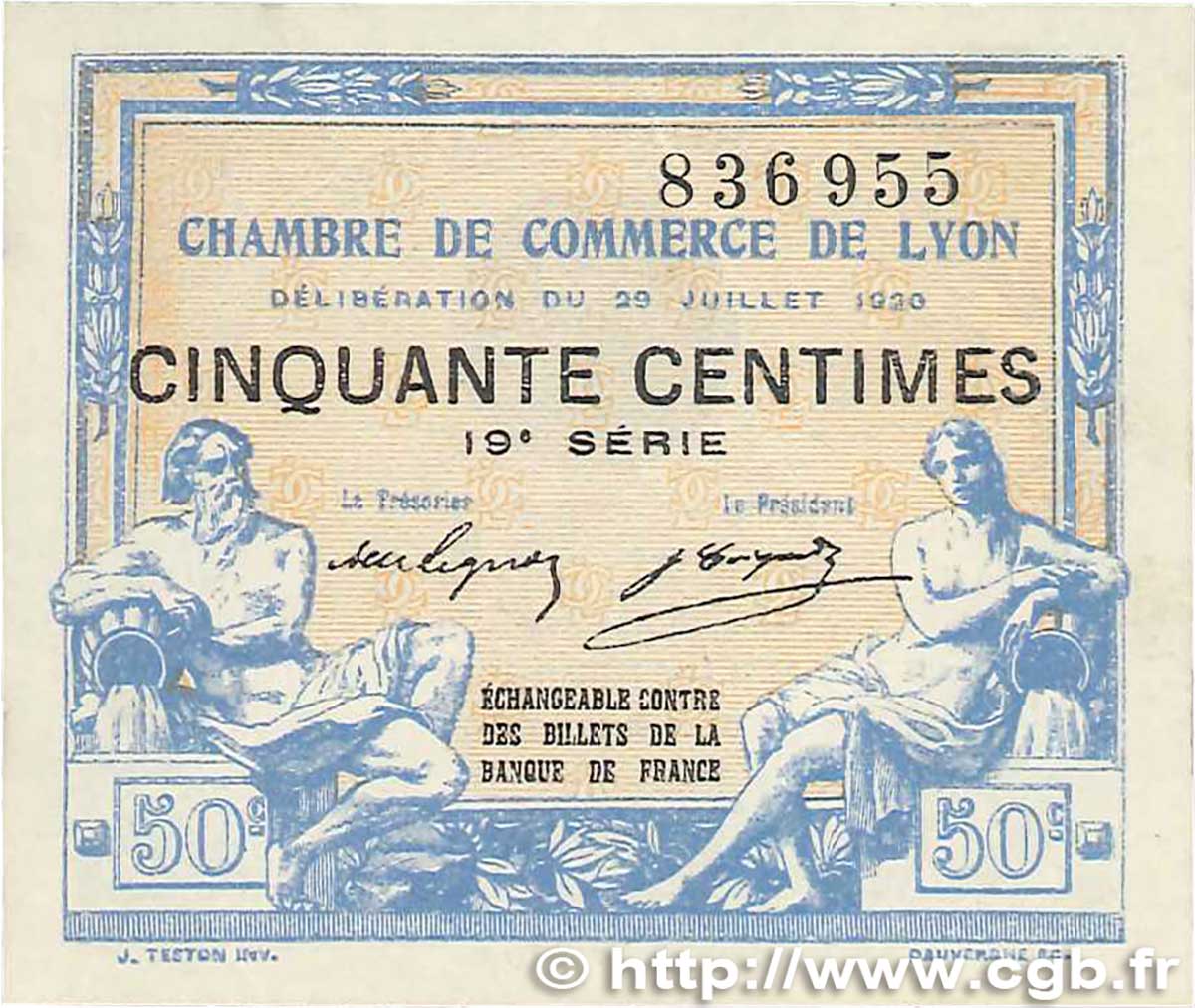 50 Centimes FRANCE regionalism and miscellaneous Lyon 1920 JP.077.22 VF+