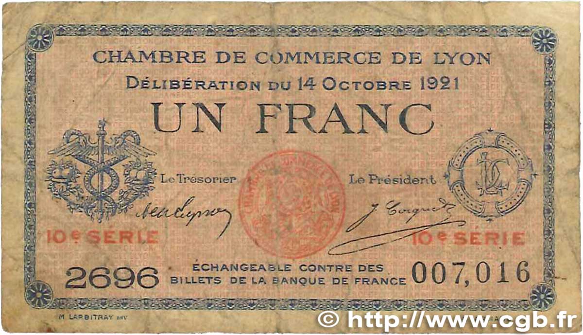 1 Franc FRANCE regionalism and miscellaneous Lyon 1921 JP.077.25 G