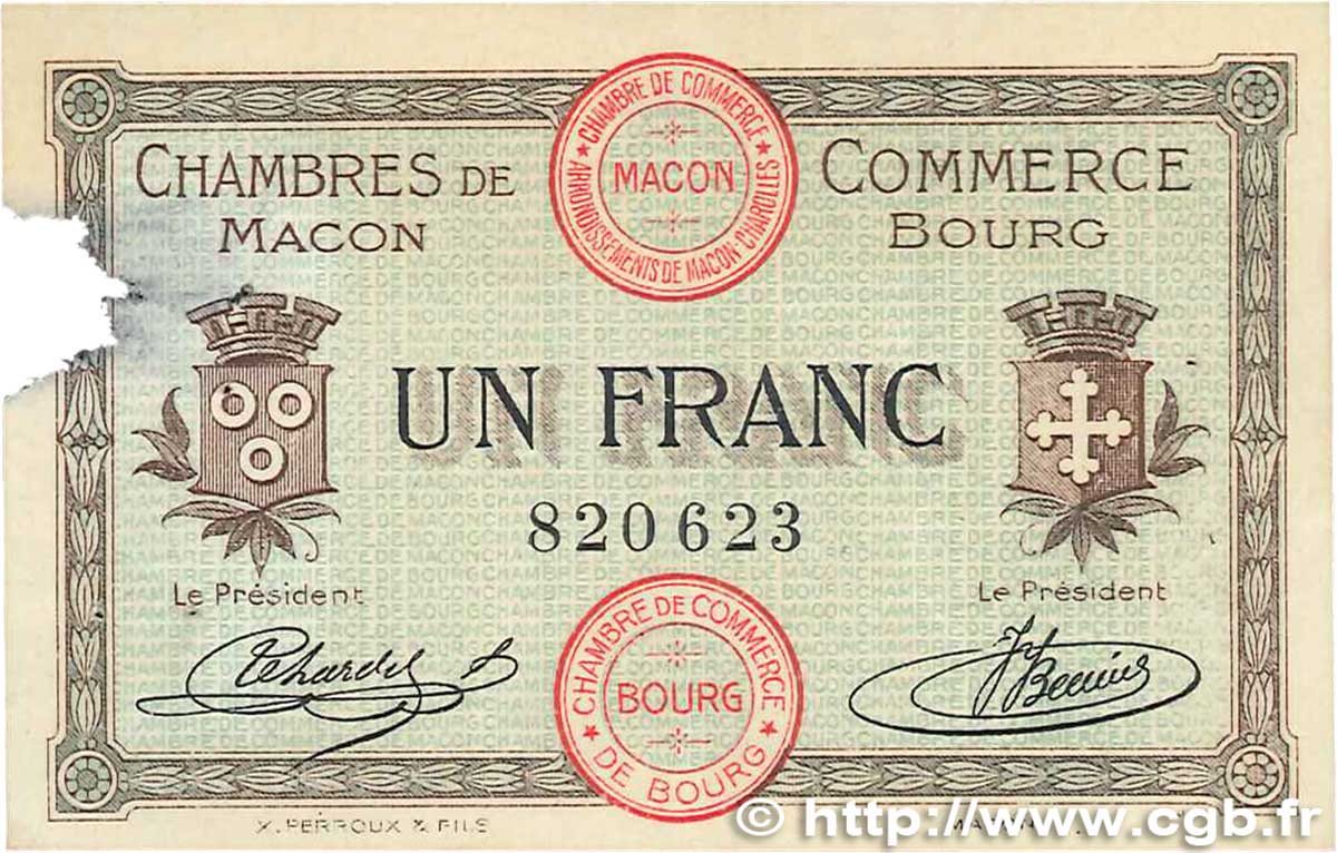 1 Franc FRANCE Regionalismus und verschiedenen Macon, Bourg 1915 JP.078.03 fSS