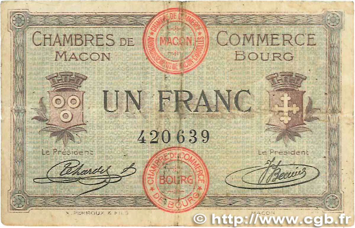 1 Franc FRANCE Regionalismus und verschiedenen Macon, Bourg 1915 JP.078.03 S