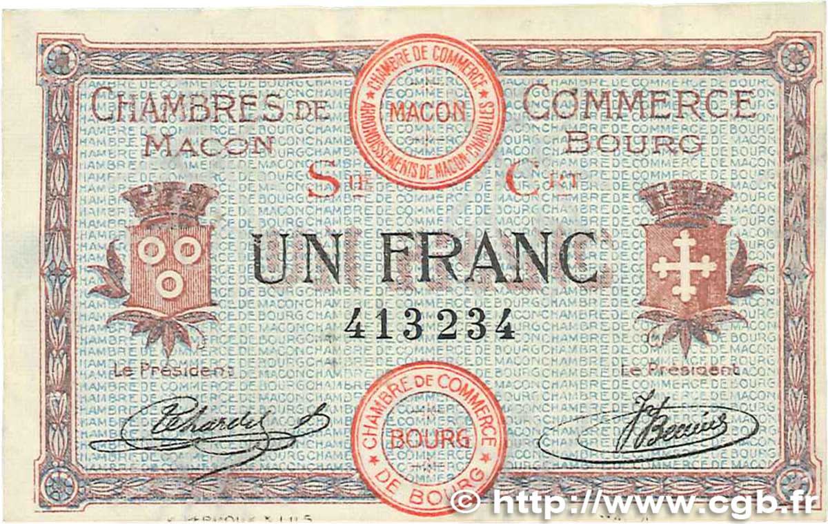 1 Franc FRANCE regionalism and various Macon, Bourg 1915 JP.078.08 VF