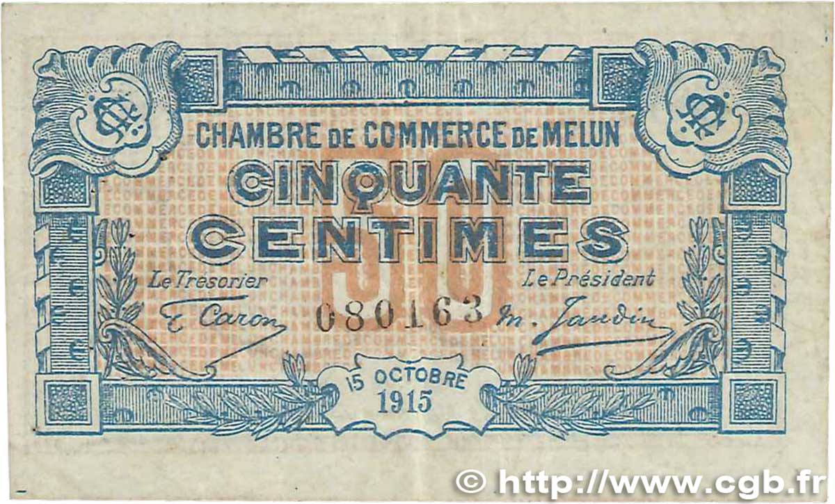 50 Centimes FRANCE Regionalismus und verschiedenen Melun 1915 JP.080.01 SS