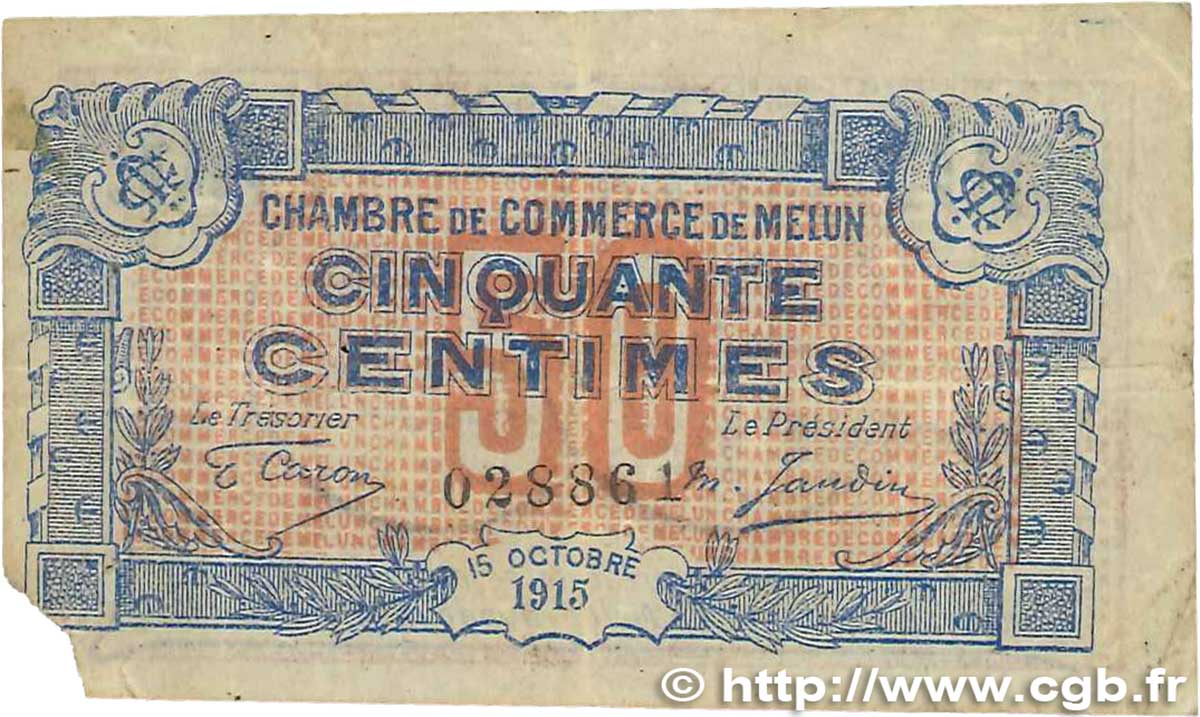 50 Centimes FRANCE regionalism and various Melun 1915 JP.080.01 VG