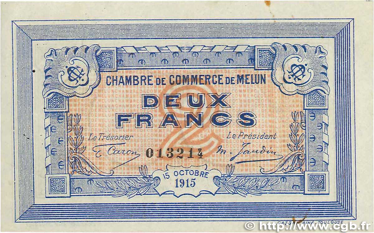 2 Francs FRANCE regionalism and various Melun 1915 JP.080.05 VF