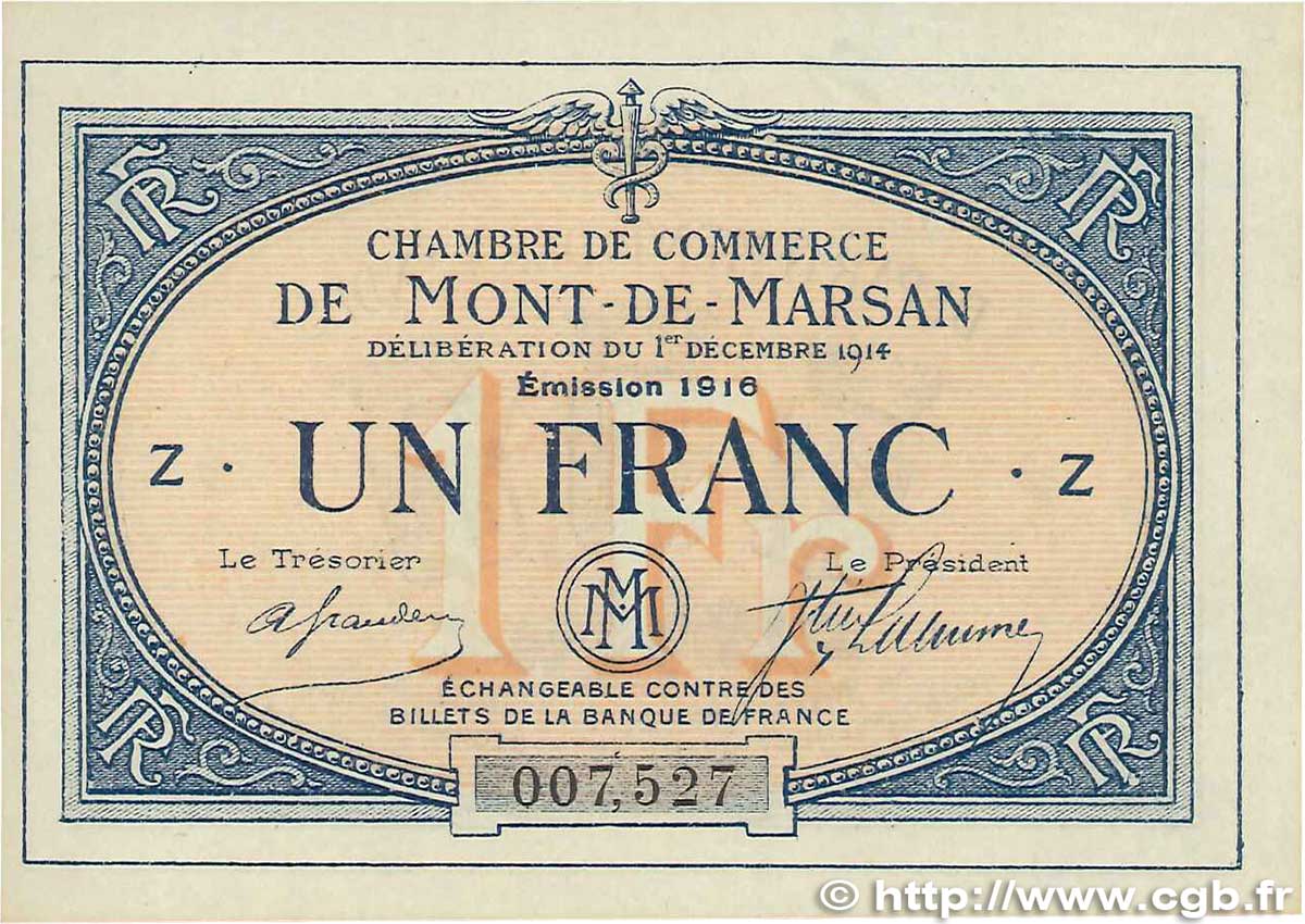1 Franc FRANCE regionalism and various Mont-De-Marsan 1914 JP.082.15 XF+