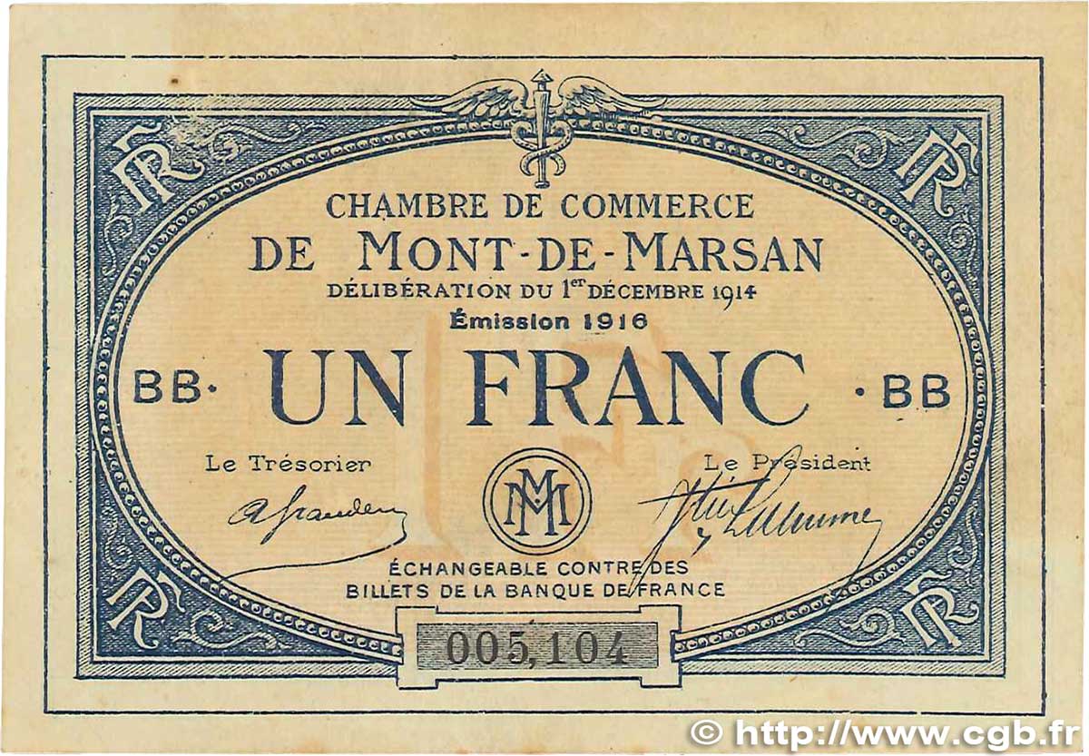 1 Franc FRANCE regionalism and various Mont-De-Marsan 1914 JP.082.16 VF