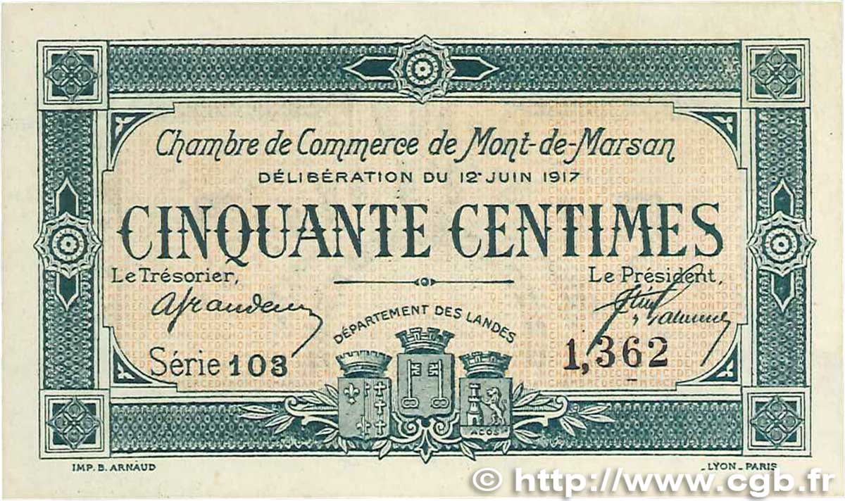 50 Centimes FRANCE regionalism and miscellaneous Mont-De-Marsan 1917 JP.082.18 AU+