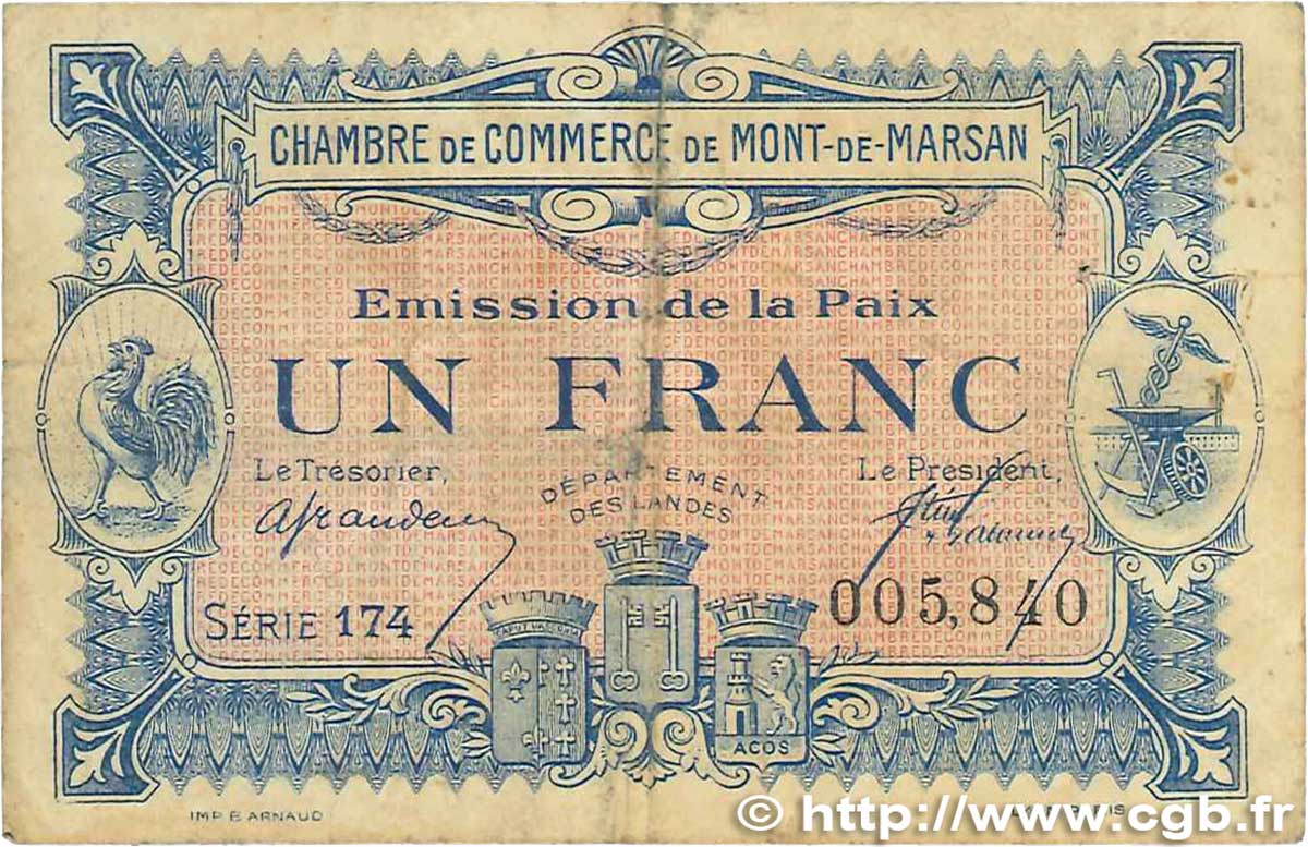1 Franc FRANCE regionalism and various Mont-De-Marsan 1921 JP.082.35 F