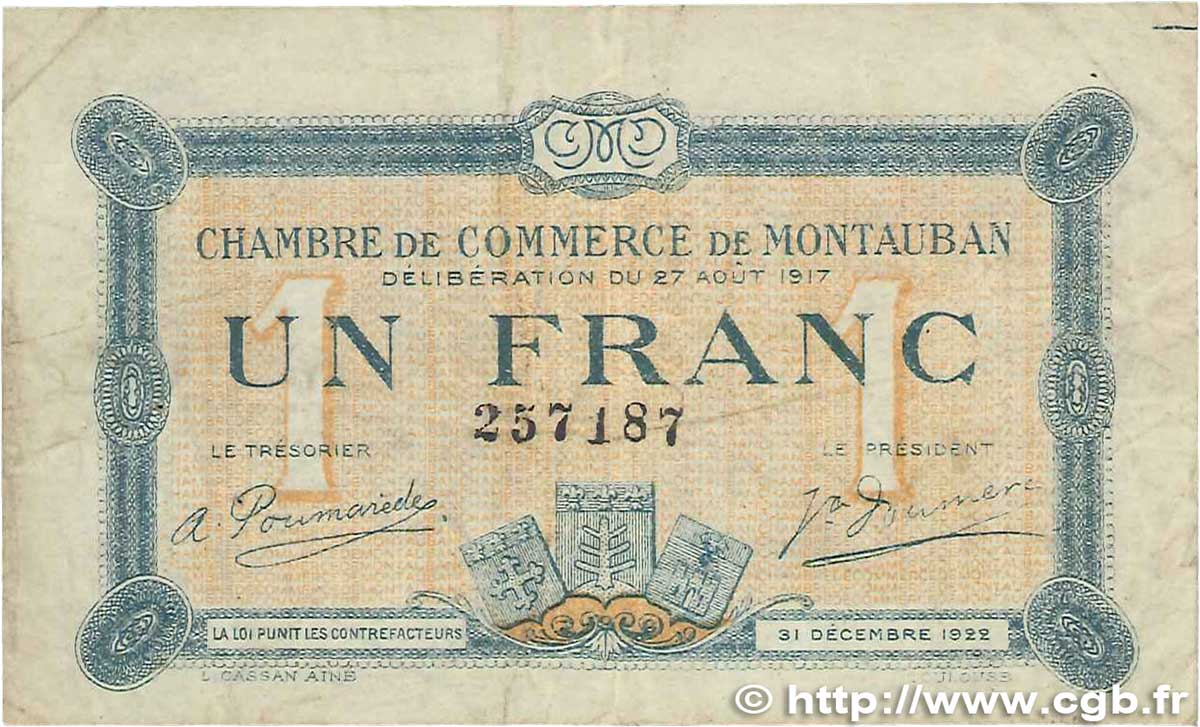 1 Franc FRANCE Regionalismus und verschiedenen  1917 JP.083.15var. S