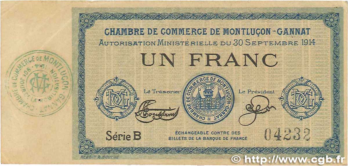 1 Franc FRANCE Regionalismus und verschiedenen Montluçon, Gannat 1914 JP.084.05 fSS
