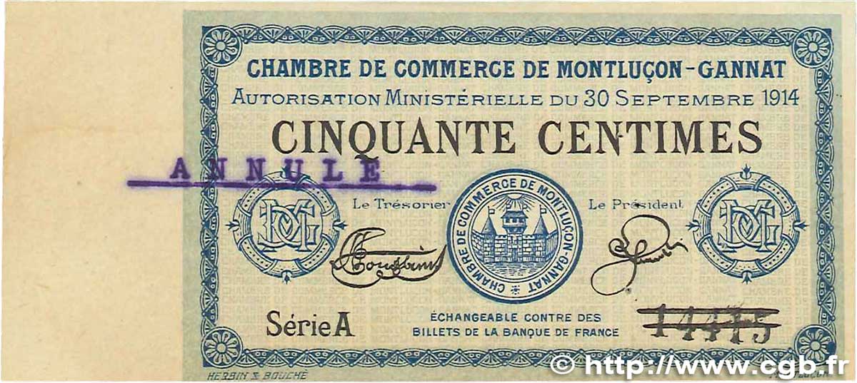 50 Centimes Annulé FRANCE regionalism and various  1914 JP.084.11var. VF