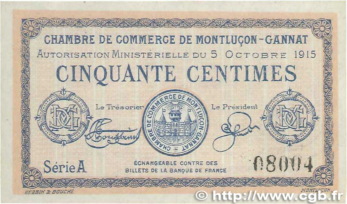 50 Centimes FRANCE Regionalismus und verschiedenen Montluçon, Gannat 1915 JP.084.13 VZ