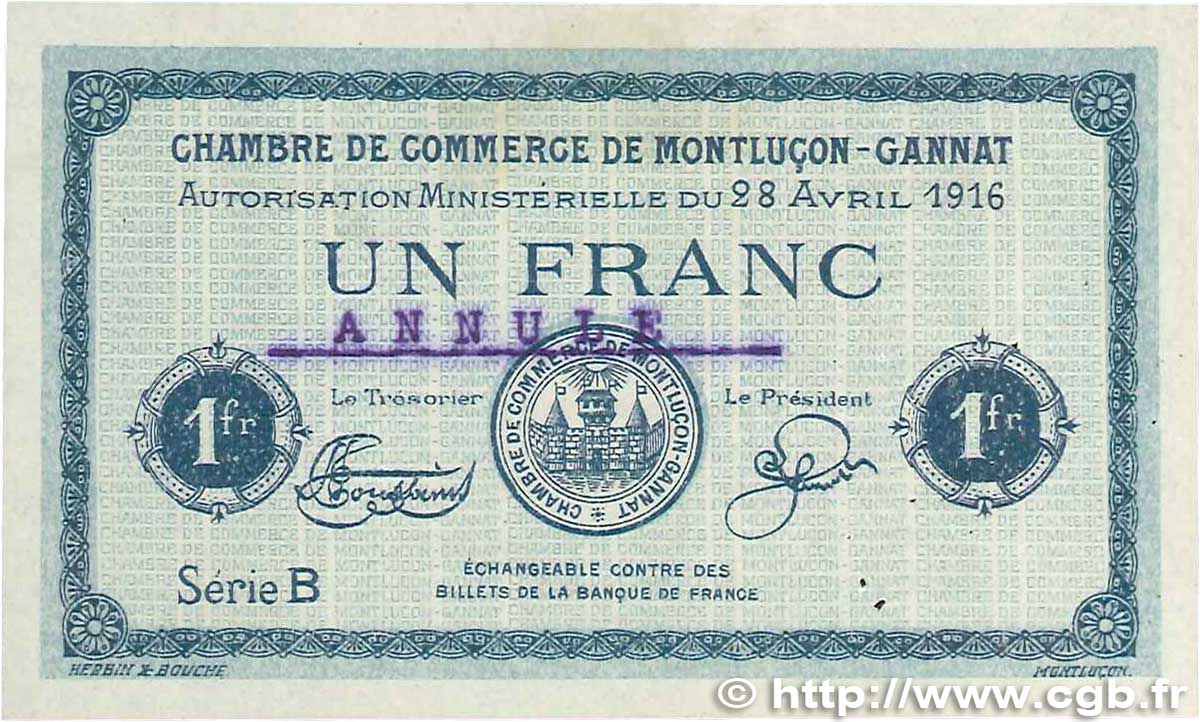 1 Franc Annulé FRANCE regionalismo y varios Montluçon, Gannat 1916 JP.084.24 MBC