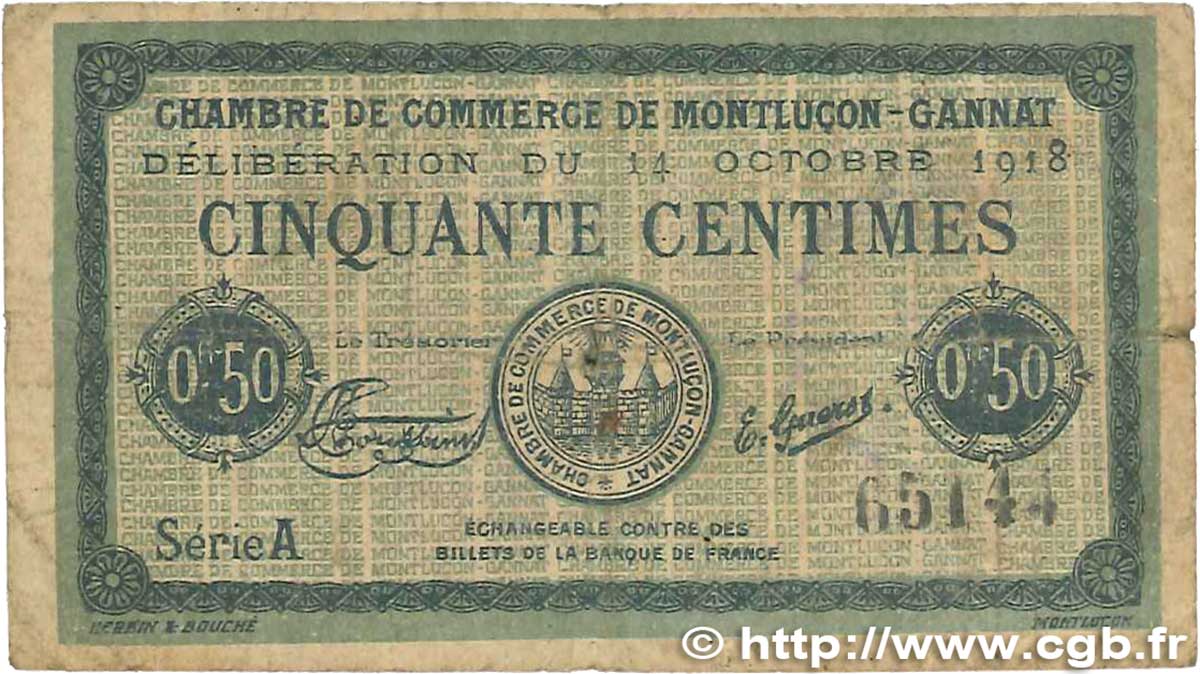 50 Centimes FRANCE régionalisme et divers Montluçon, Gannat 1918 JP.084.40 B