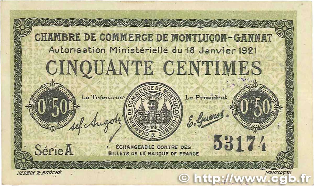 50 Centimes FRANCE regionalism and various Montluçon, Gannat 1921 JP.084.56 VF