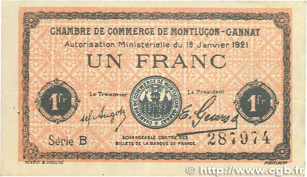 1 Franc FRANCE régionalisme et divers Montluçon, Gannat 1921 JP.084.58 TTB