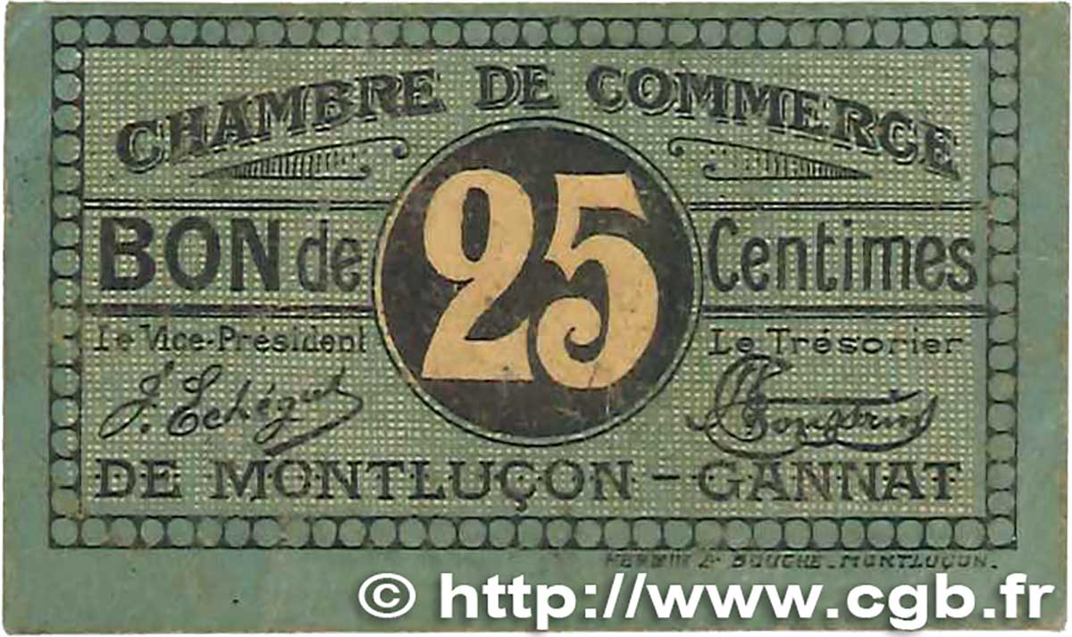 25 Centimes FRANCE regionalismo y varios Montluçon, Gannat 1918 JP.084.68 MBC
