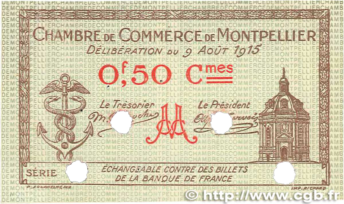 50 Centimes FRANCE regionalism and miscellaneous Montpellier 1915 JP.085.05 VF+