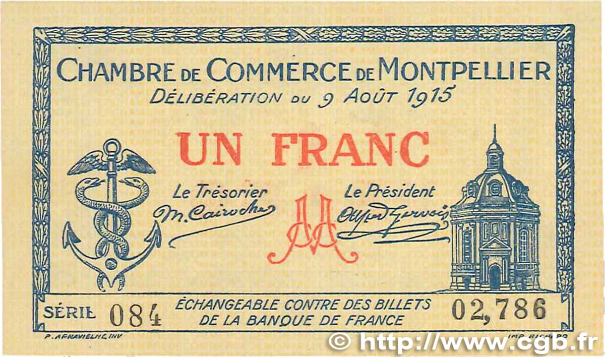 1 Franc FRANCE Regionalismus und verschiedenen Montpellier 1915 JP.085.10 fST