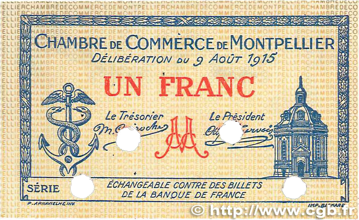 1 Franc FRANCE Regionalismus und verschiedenen Montpellier 1915 JP.085.14 fVZ