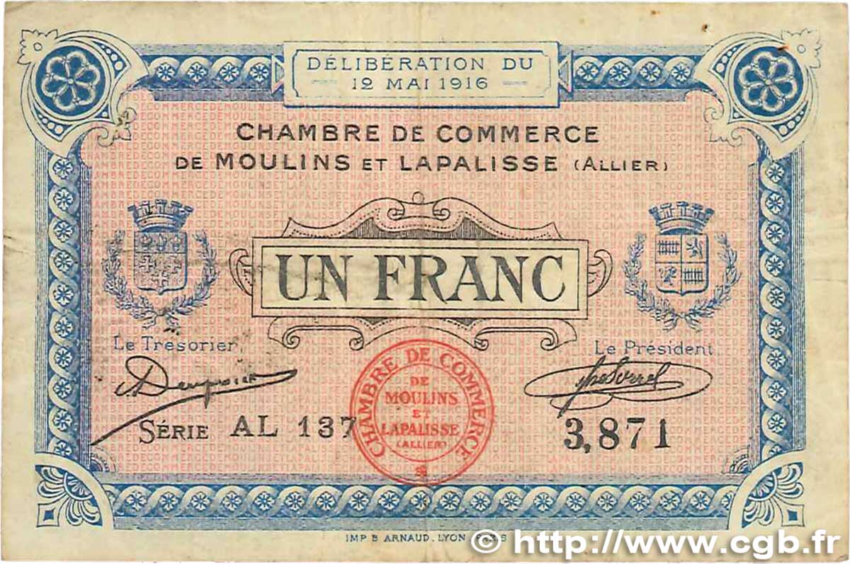 1 Franc FRANCE regionalism and various Moulins et Lapalisse 1916 JP.086.04 F